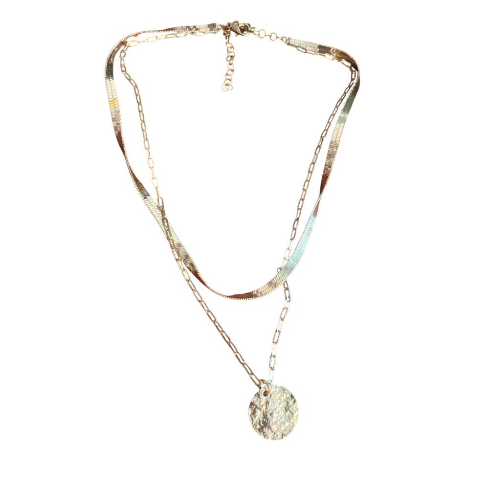 Gold Tone Layered Chain Necklace Herringbone Chain Link Textured Round Pendant
